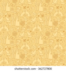 Sweet wedding pattern in pastel colors in vector. Hand drawn seamless pattern with a couple going to marry. Can be used for decoration of wedding ceremony, textile, wrapping, guest cards or invitation