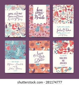 Sweet wedding romantic collection with 6 awesome cards made of hearts, flowers, couple of lovers, cats, wreaths, butterflies and birds. Lovely save the date invitation cards in vector.