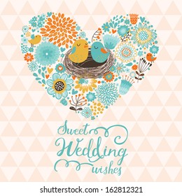 Sweet Wedding Wishes. Cute Save The Date Card In Vector. Cartoon Birds In Love On Stylish Heart Made Of Flowers 