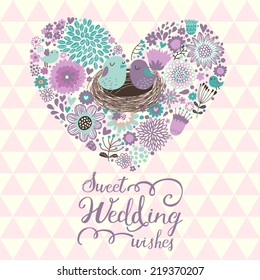 Sweet wedding wishes. Stylish Save the Date card in vector. Cartoon birds in love on stylish heart made of flowers