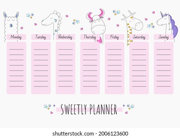 sweet weekly planner background with unicorn,alpaca, cow, giraffe and dinosaur.Vector illustration for kids and baby.Editable text
