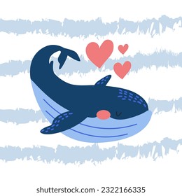 Sweet Whale and Hearts.  Vector illustration hand-drawn. Marine world. Idea for greeting card. Nautical poster, print, card, children's clothing decor, sticker. Striped isolated background.