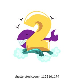 Sweet whale and number two, Happy birthday, anniversary number with cute animal character vector Illustration on a white background