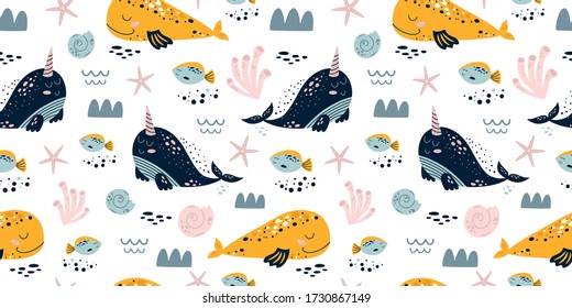 Sweet whales. Baby sea pattern seamless. Kids, boys, girls sea pattern, nautical background. Cute sea animals, whales narwhal fish coral. Kids textile, cloth. Vector illustration. Yellow, blue, pink.