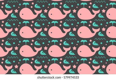 sweet whales sea, ocean decorative seamless pattern. isolated on black background. vector flat design illustration