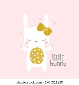 Sweet white bunny. Kids cute graphic. Vector hand drawn illustration.