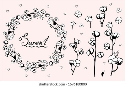 Sweet white cotton floral botanical flowers.  Hand drawing
llustration set.  Isolated cotton  illustration element, beautiful frame