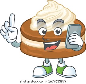 A sweet white cream alfajor cartoon design style speaking on phone