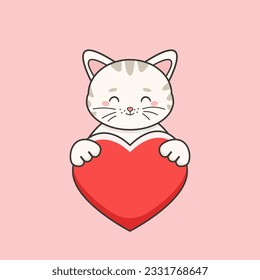 Sweet white kitten holding heart love in cartoon style. Vector illustration