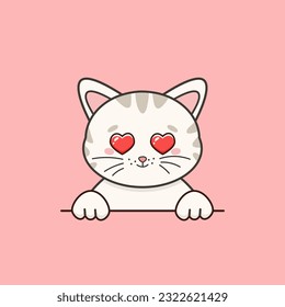 Sweet white kitten in love with heart eyes in cartoon style. Vector illustration