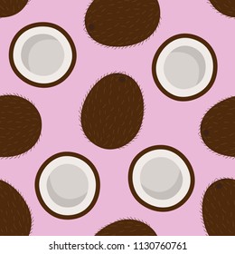 sweet whole coconut and cut coconut tropical summer exotic fruit brown white pattern on a pink background seamless vector.