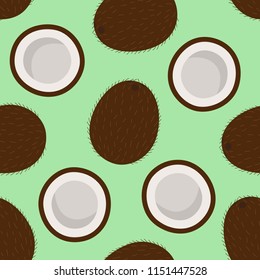 sweet whole coconut and cut coconut tropical summer exotic fruit brown white pattern on a green background seamless vector.
