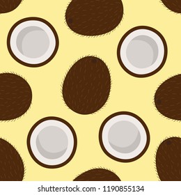 sweet whole coconut and cut coconut tropical summer exotic fruit brown white pattern on a yellow background seamless vector.