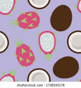 sweet whole coconut and dragon fruit tropical summer exotic fruit brown white pink green pitaya pattern on a purple background seamless vector