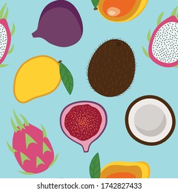 sweet whole coconut, mango, fig fruit and dragon fruit tropical summer exotic fruit pitaya pattern on a blue background seamless vector