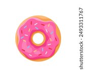 Sweet whole donut, doughnut ring with strawberry icing and candy sprinkles vector illustration