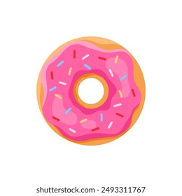 Sweet whole donut, doughnut ring with strawberry icing and candy sprinkles vector illustration