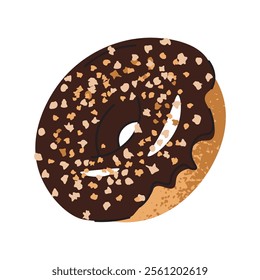 Sweet whole donut, doughnut ring with chocolate icing and candy sprinkles. Flat cartoon illustration isolated on white background