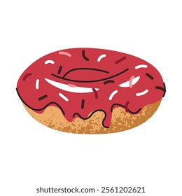 Sweet whole donut, doughnut ring with strawberry icing and candy sprinkles. Flat cartoon illustration isolated on white background