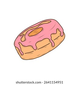 Sweet whole donut, donut ring with strawberry glaze. Cartoon flat vector illustration. Side view. Good for kids patterns, design food packaging, textile, children cards