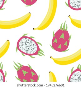 sweet whole dragon fruit and banana tropical exotic fruit pink green yellow with seeds pitaya on a white background seamless pattern vector