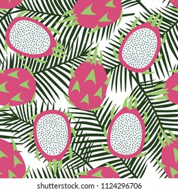 sweet whole dragon fruit and cut dragon fruit tropical exotic fruit pink with seeds pitaya on green palm leaves background summer seamless pattern vector.