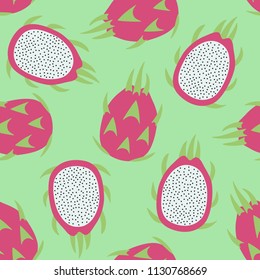 sweet whole dragon fruit and cut dragon fruit tropical exotic fruit pink green with seeds pitaya on a green background summer seamless pattern vector.