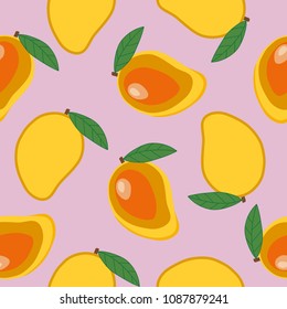sweet whole mango and cut mango with leaf fruit summer tropical pattern on pink background seamless vector.