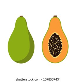 sweet whole papaya and cut papaya tropical exotic fruit orange green with seeds icon vector.