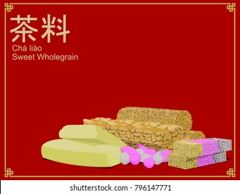 Sweet wholegrain on red background.Chinese people believes  that the bun is the symbol of exuberant.Chinese word is the name of this desert.Chinese accent is Cha Liao.It's a kind of brittle
