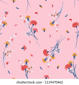 Sweet wild flower pattern Botanical Motifs scattered random. Seamless vector texture. For fashion prints. Printing with in hand drawn style on pink background.
