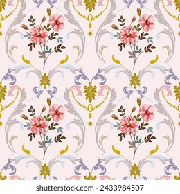sweet wild rose Combined with antique vintage Louis style patterns. On a romantic colored background Seamless for digital printing, textiles, wallpapers.