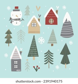 A sweet winter scene vector illustration set.
Includes cute wooden cabins, a variety of trees and other forest elements.
