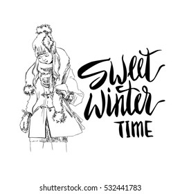 Sweet Winter Time lettering illustration. Modern brush calligraphy.