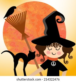 Sweet  witch with peace sign and pets  and spooky grunge moon
