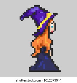 Sweet witch in a purple hat, pixel art, illustration