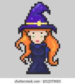 Sweet witch in a purple hat, pixel art, illustration