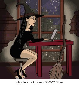 Sweet Witch sitting on table, Witches Happy Halloween