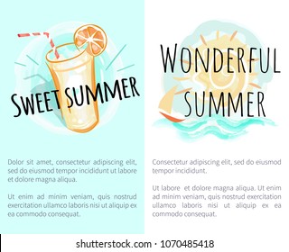 Sweet wonderful summer posters with refreshing drink and ship sailing in water and blue sky with sun vector illustrations with place for text