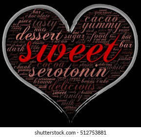Sweet. Word cloud in a heart shape, italics font, black background. Gift card.