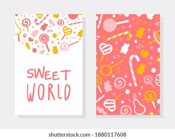 Sweet World Card Template with Sweet Desserts of Round Shape, Candy Shop, Bar, Cafe, Confectionery Design Cartoon Vector Illustration