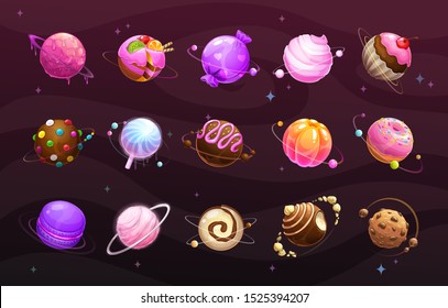 Sweet world concept. Food planets on space background. Cotton candy, cake, macaroon, lolly pop, jelly, chocolate cookie, candy, donut, caramel balls, sweets icons big set. Vector illustration.