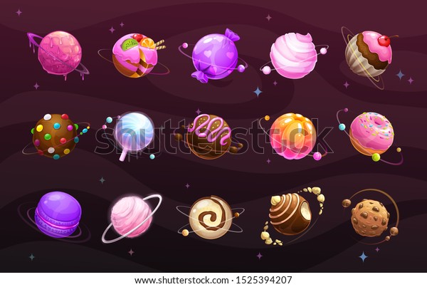スイートワールドコンセプト 宇宙の背景に食物惑星 綿菓子 ケーキ マカロン ロリーポップ ゼリー チョコレートクッキー ドーナツ キャラメルボール スイーツアイコン大きなセット ベクターイラスト のベクター画像素材 ロイヤリティフリー