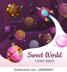 El concepto del mundo dulce. Graciosos planetas dulces y barco espacial sobre fondo cósmico. Ilustración vectorial.