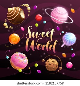 Sweet world poster. Food planets set on the space background. Cotton candy, chocolate cookie, candy, donut, caramel sweets icons. Vector illustration.