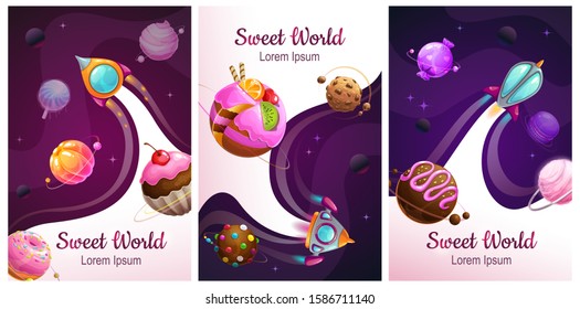 Afiches del mundo dulce. Planetas de comida en el fondo espacial. Caramelos de algodón, galletas de chocolate, dulces, donut, caramelos planetas. Ilustración vectorial.