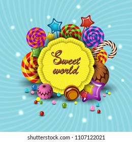 Sweet World, vector cartoon logo children's treats lollipops, candy. Isolate illustration for kids party colorful mockup for design.