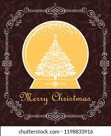 Sweet xmas greeting with vintage frame, gold globe with floral cut out christmas tree and snowfall