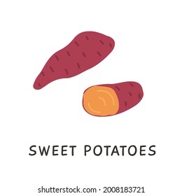 Sweet yam potato. Hand drawn simple vegetable ingredient. Healthy root veggie icon for farming market or menu. Colored flat doodle element. Vector illustration isolated on white.