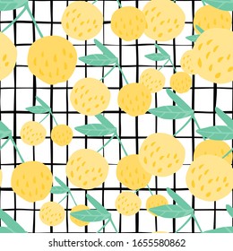 Manzanas dulces amarillas sin fisuras en fondo de rayas. Huella botánica. Diseño para tela, papel textil, papel de envoltura, textil infantil. Diseño moderno. Ilustración vectorial de moda